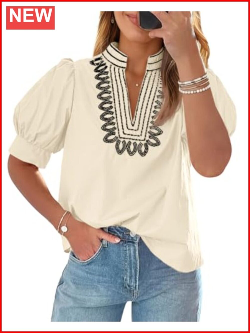 Embroidered Puff Sleeve V-Neck Blouse